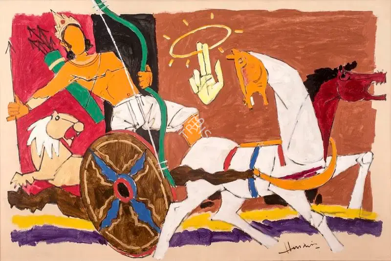 M.F. Husain (Artist), Arjun and Sudarshan Chakra, 1985, Painting