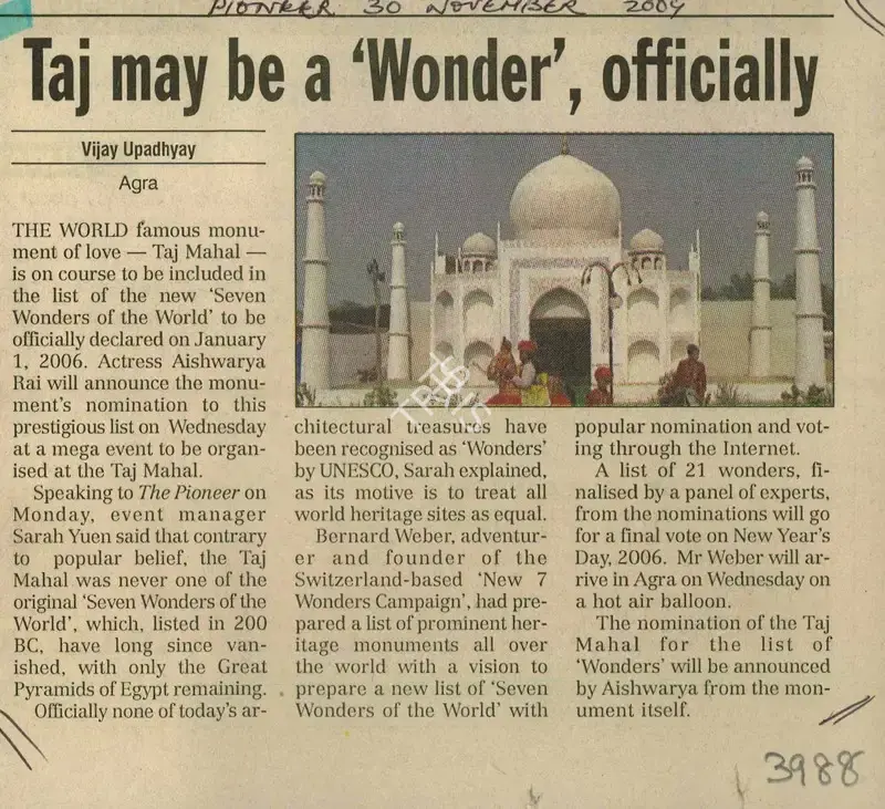 Vijay Upadhyay (Reporter), Taj May Be a 'Wonder', Officially, 2004, Newspaper Clipping