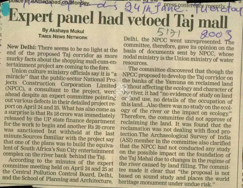Akshaya Mukul (Reporter), Expert Panel hav Vetoed Taj Mall, 2003, Newspaper Clipping