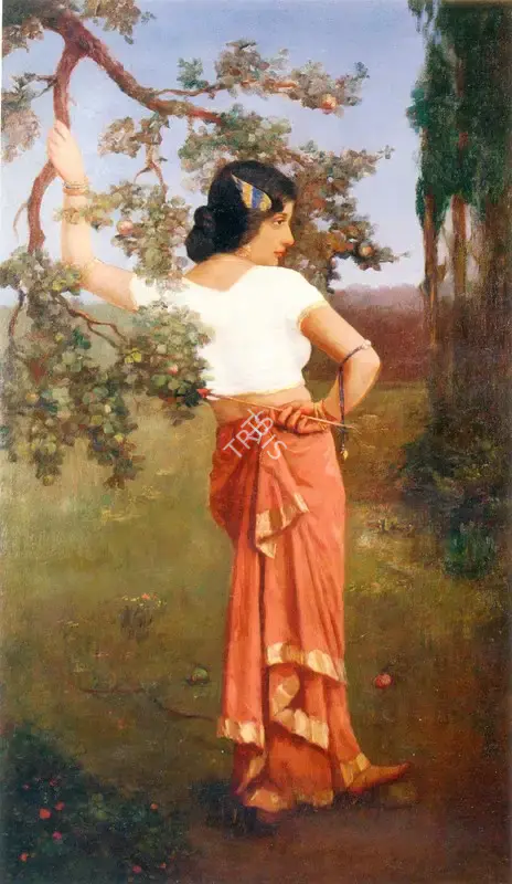 Hemendranath Mazumdar (Artist), A Young Woman Standing by an Apple, Painting