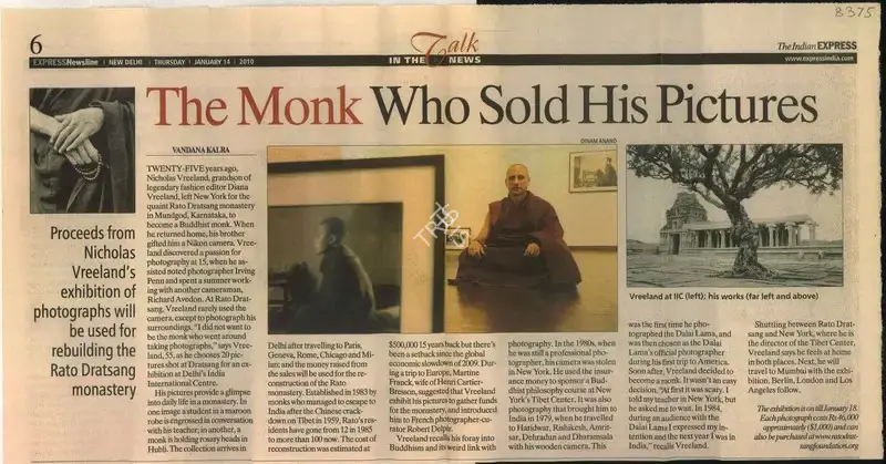 Vandana Kalra (Reporter), The Monk who Sold his Pictures, 2010, Newspaper Clipping