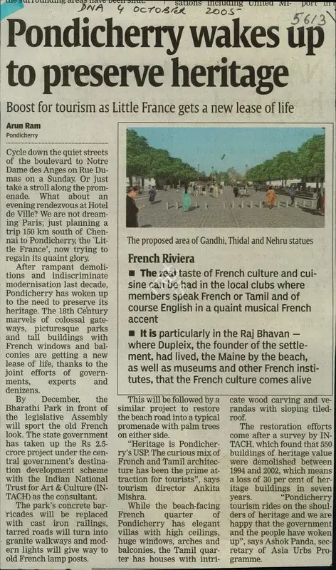 Arun Ram (Reporter), Pondicherry Wakes Up To Preserve Heritage, 2005, Newspaper Clipping