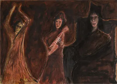 Rabindranath Tagore (Artist), Untitled (Three Bauls), 1938, Painting