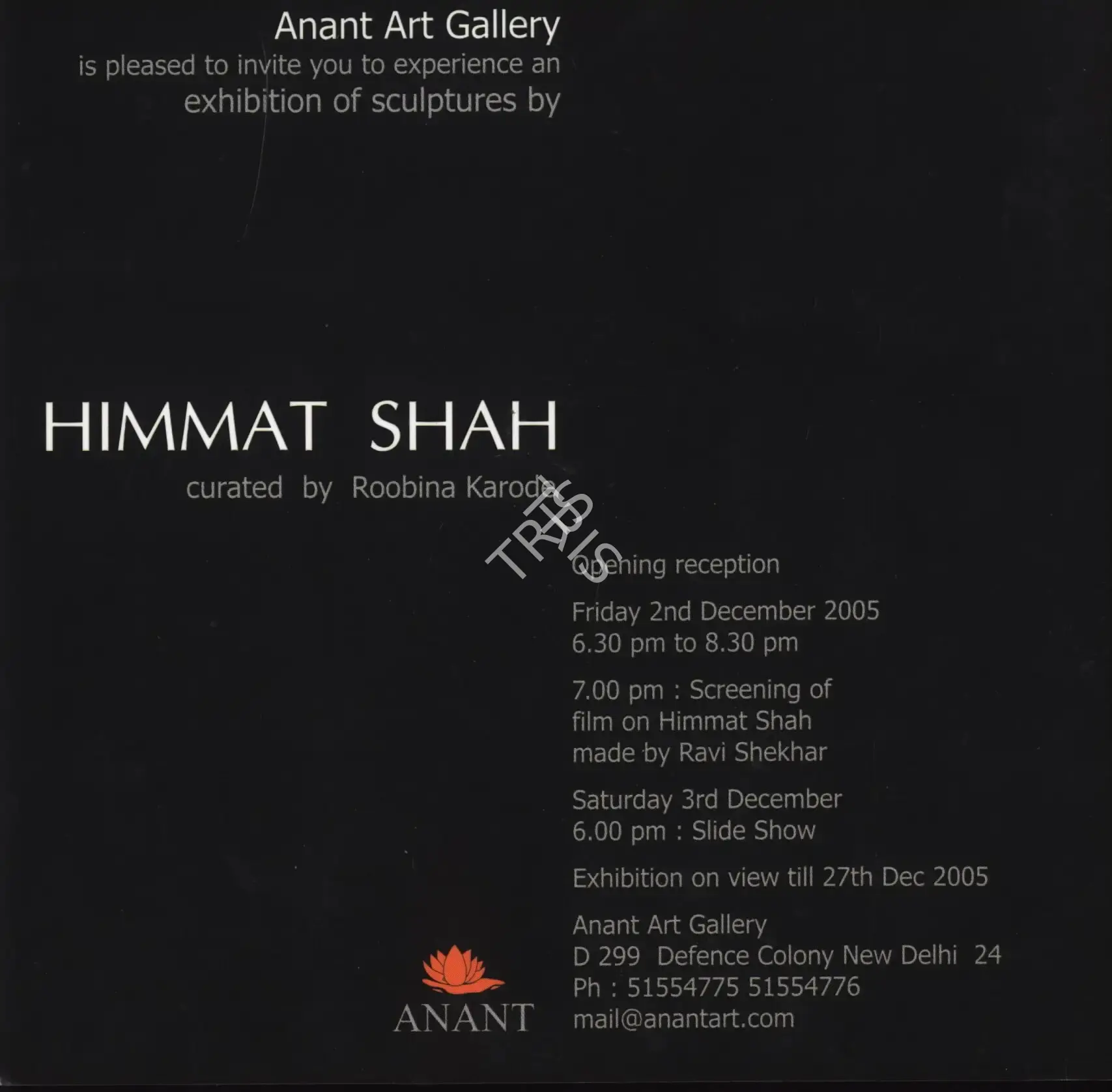 Himmat Shah (Artist), An Exhibition of Sculptures by Himmat Shah, 2005, Solo Exhibition Invitation
