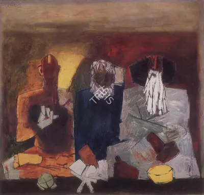 Husain, M. F. (Artist). Three Monks. Oil on canvas, 1965 | Maqbool Fida Husain , 1971 | Painting | FineArts | 00495224