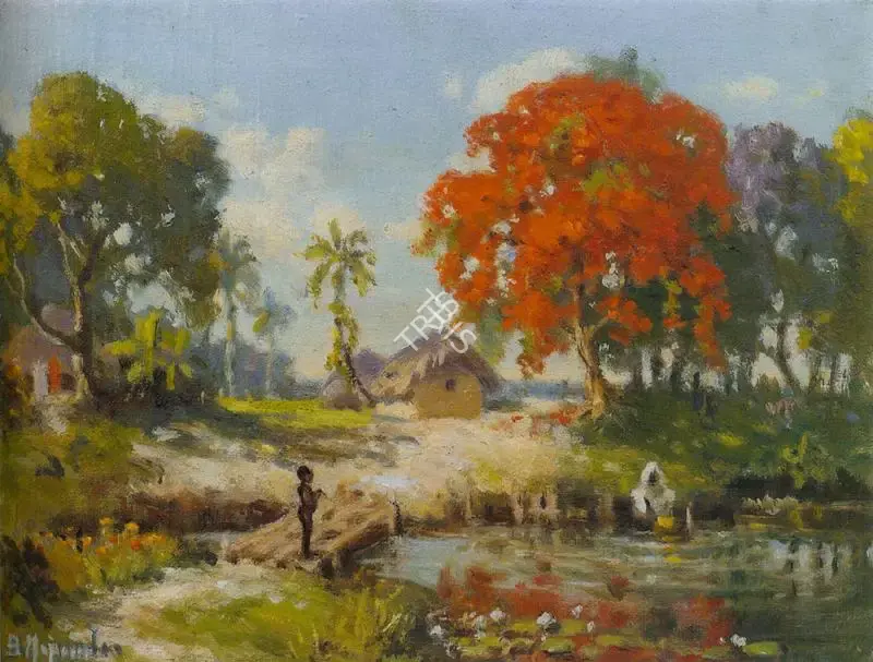 B. Majumdar (Artist), Rural Landscape-Boy, Painting