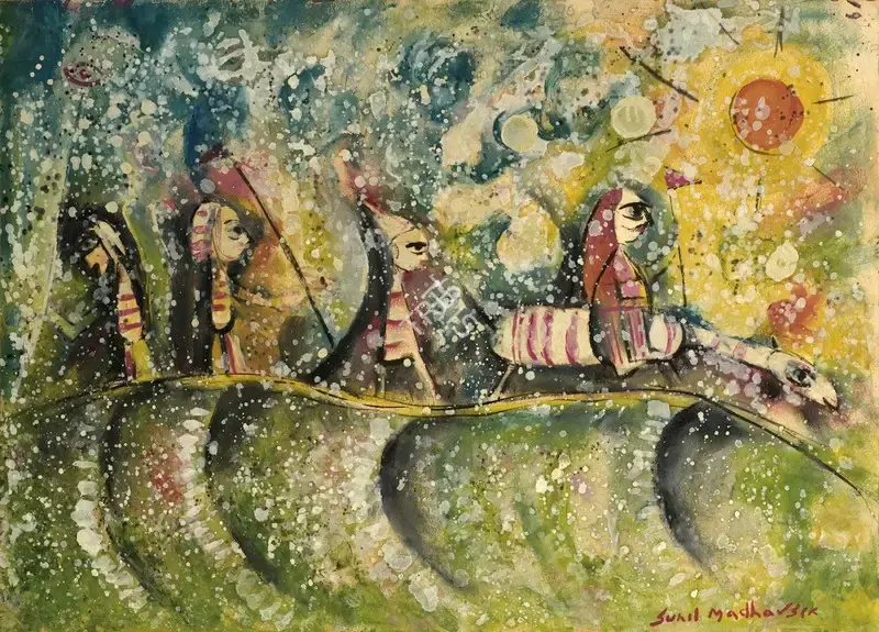 Sen, Sunil Madhav (Artist). Villagers Are Going To Market, n.d. | Painting, Os.Mum/19.01.08, 2008 · Osian's