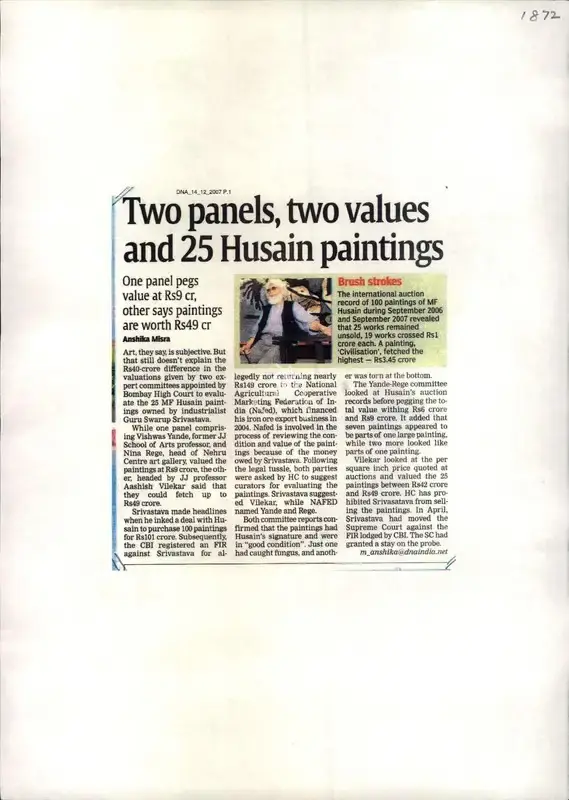 Anshika Mishra (Reporter), Two panels, two values and 25 Husain paintings, 2007, Newspaper Clipping