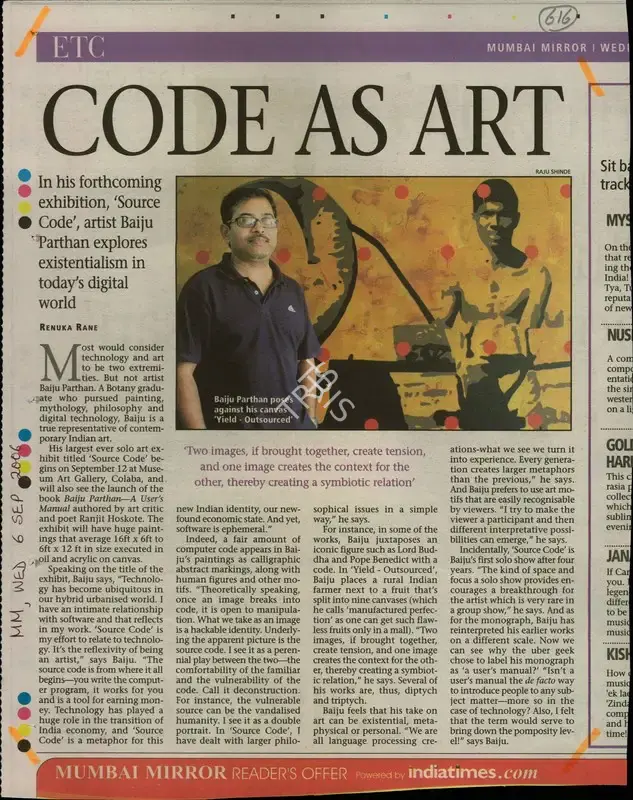Renuka Rane (Reporter), Code As Art, 2006, Newspaper Clipping