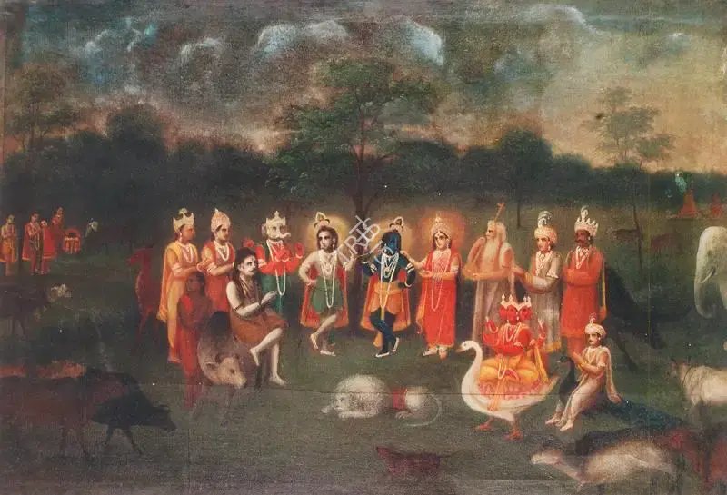 Bengal School (Artist), Krishna being fed by Jasoda in the presence of the Gods, 1910, Painting