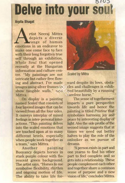 Arpita Bhagat (Reporter), Delve into Your Soul, 2008, Newspaper Clipping