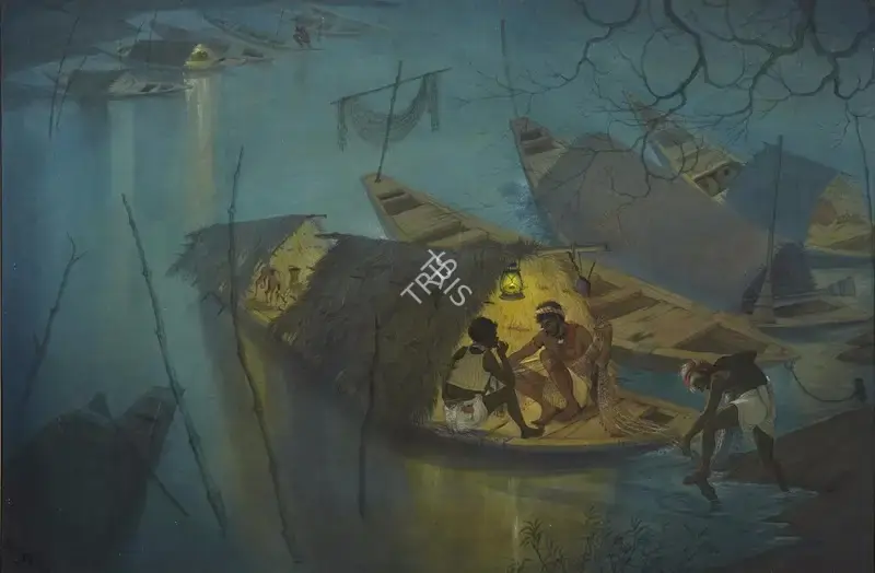 Badri Nath Arya (Artist), Mending the Nets, 1972, Painting