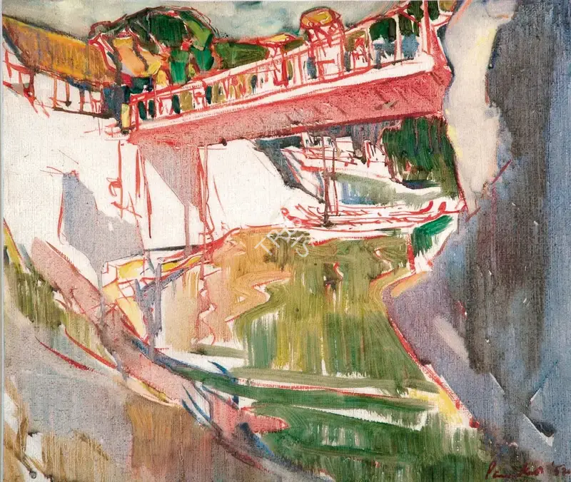 K.C.S. Paniker (Artist), The Red Bridge, 1952, Painting