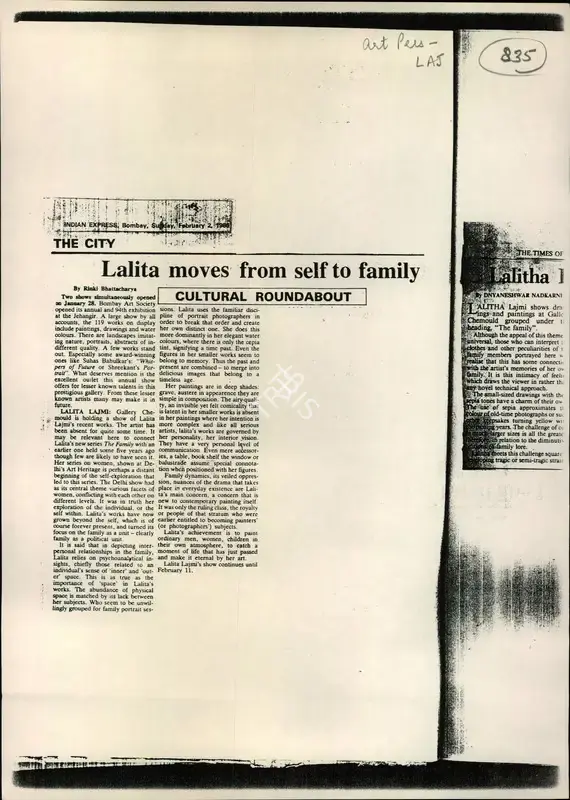 Rinki Bhattacharya (Reporter), Lalita Moves from Self to Family, 1986, Newspaper Clipping