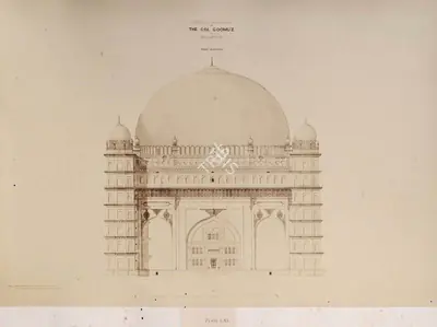 Unknown (Photographer), Plans and Sections of The Gol Goomuz at Beejapoor. Front Elevation, 1850, Antiquarian Photograph