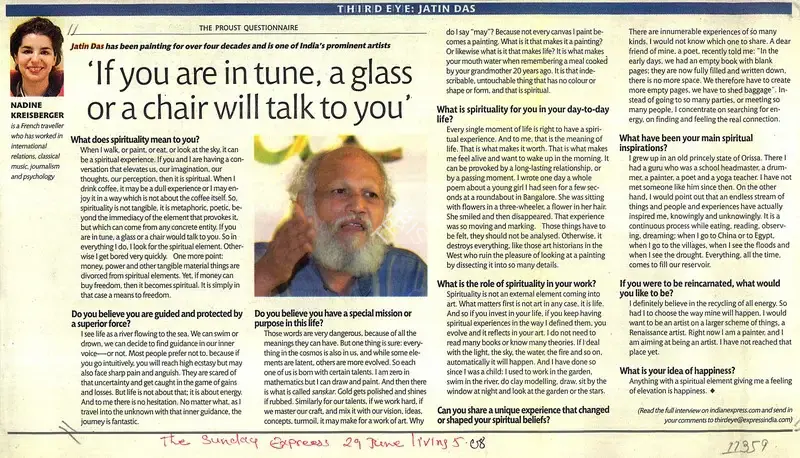 If You Are In Tune, a Glass Or a Chair Will Talk To You', 2005, Newspaper Clipping