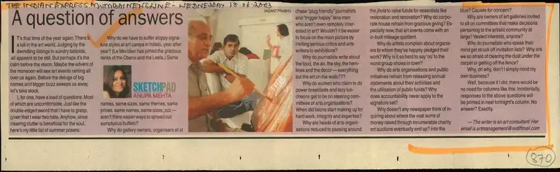 Vasant Prabhu (Reporter), A Question of Answers, 2003, Newspaper Clipping