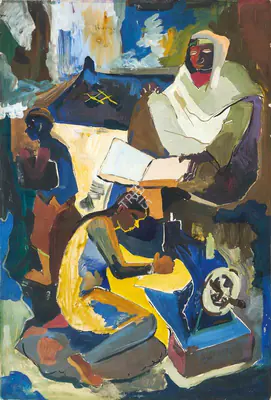 M.F. Husain (Artist), Untitled (Woman Sewing), 1950, Painting