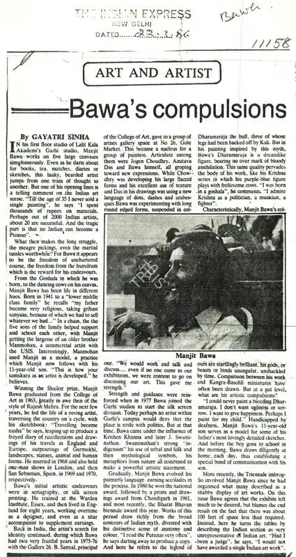 Gayatri Sinha (Writer), Bawa's Compulsions, 1986, Newspaper clipping