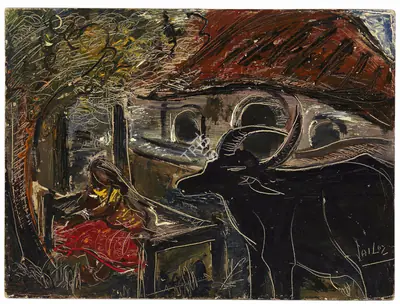 Sailoz Mookherjea (Artist), Village Scene, Painting