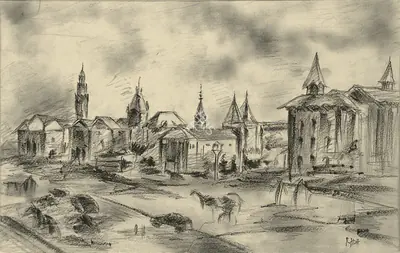 S.H. Raza (Artist), Bombay Scene, 1946, Drawing