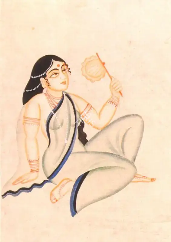 Kalighat School (Artist), A Courtesan holding a Fan, 1910, Painting