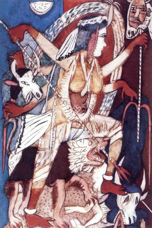 Subramanyan, K.G. (Artist). Mahishasura Mardini 1. Watercolour and Oil on Acrylic Sheet, 1989 | K.G. Subramanyan, 2003 | Painting | FineArts | 00566189