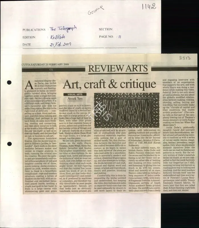 Aveek Sen (Reporter), Art, Craft & Critique, 2009, Newspaper Clipping