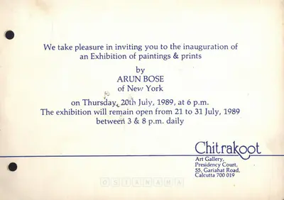 Arun Bose (Artist), Arun Bose, 1989, Solo Exhibition Invitation