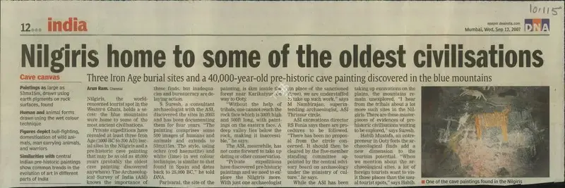 Arun Ram (Reporter), Nilgiris Home to some of the Oldest Civilisations, 2007, Newspaper Clipping
