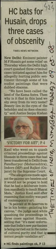 HC Bats for Husain, Drops Three Cases of Obscenity, 2008, Newspaper Clipping
