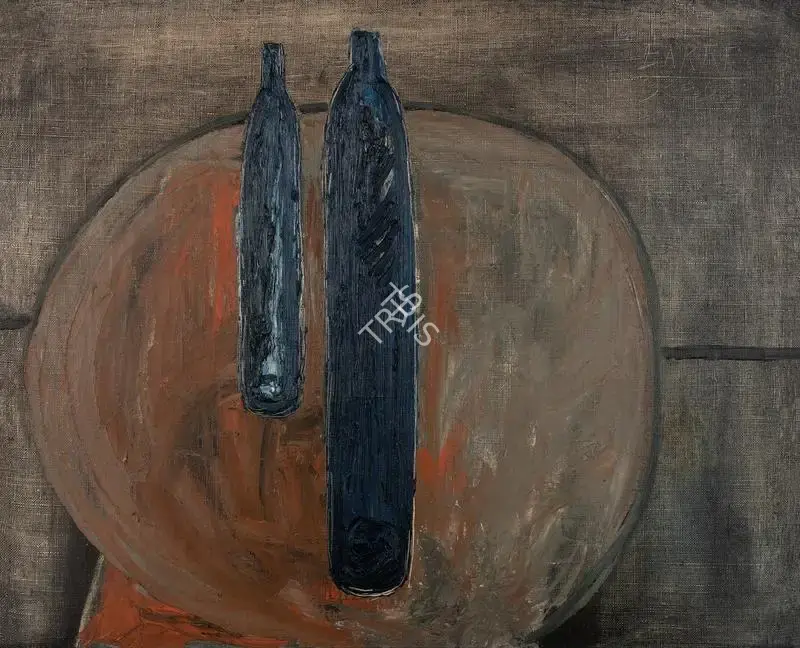 S.K. Bakre (Artist), Still Life - Two Bottles on a Table Top, 1960, Painting