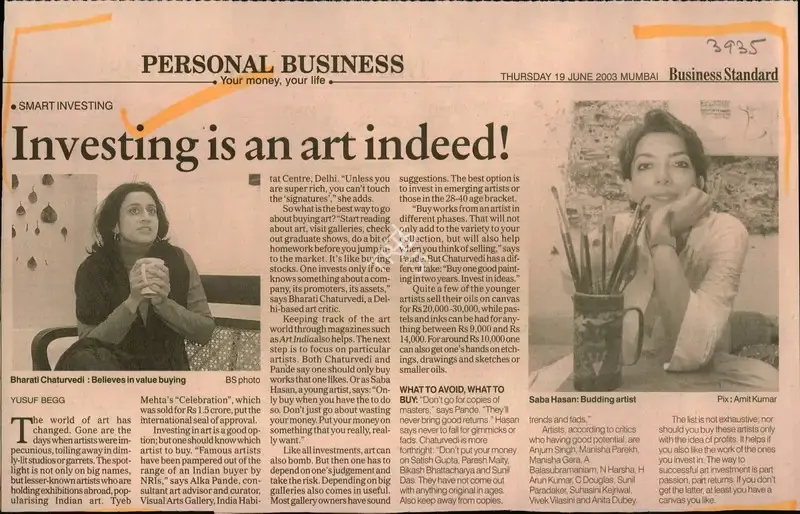 Yusuf Begg (Reporter), Investing is an Art Indeed!, 2003, Newspaper Clipping