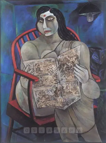 Paritosh Sen (Artist), Woman reading a newspaper, 1992, Painting