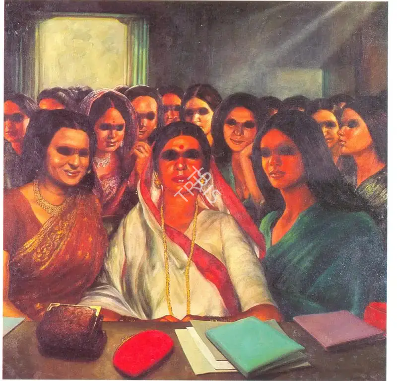Bikash Bhattacharjee (Artist), A Social Gathering, 1979, Painting