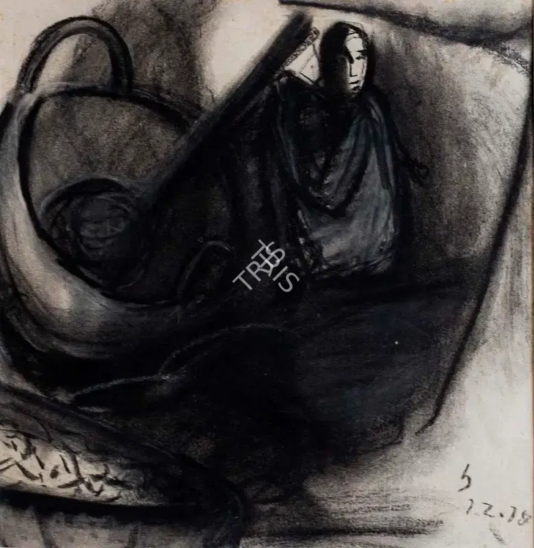 Somnath Hore (Artist), Untitled (Lady with utensil), 1978, Painting