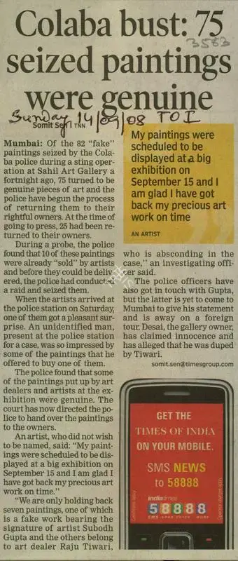 Sumit Sen (Reporter), Colaba Bust: 75 Seized Paintings Were Genuine, 2008, Newspaper Clipping