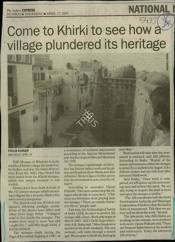 Pooja Kumar (Reporter), Come To Khirki to see how a Village Plundered its Heritage, 2003, Newspaper Clipping