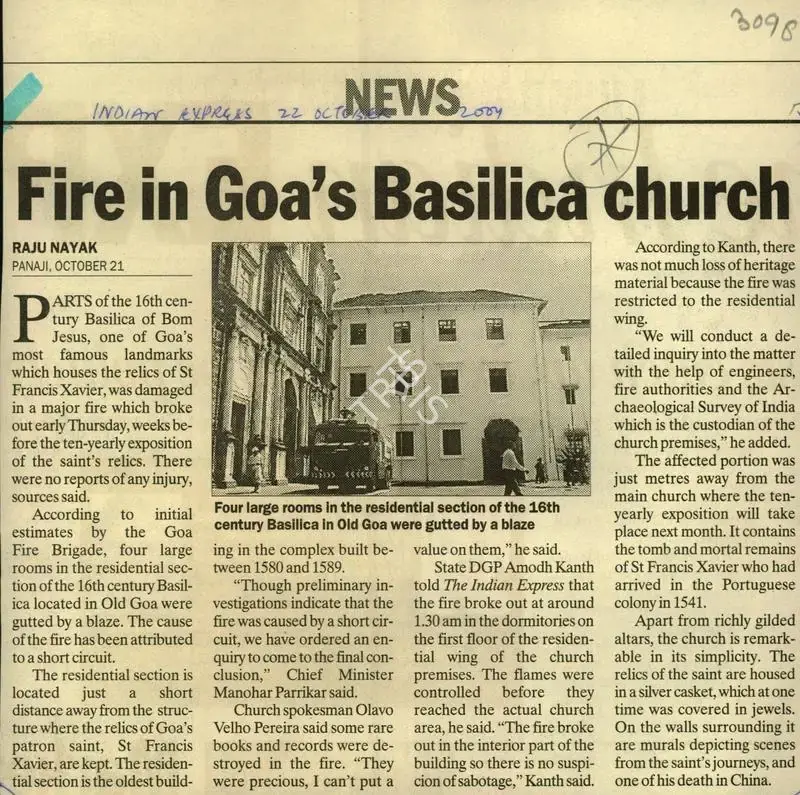 Raju Nayak (Reporter), Fire in Goa's Basilica Church, 2004, Newspaper Clipping