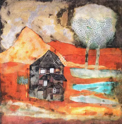 Badri Narayan (Artist), Landscape With House And Trees, 1997, Painting