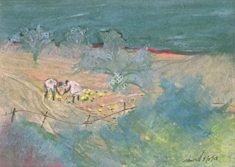 Gopal Ghose (Artist), People in the Fields, 1958, Painting