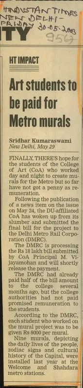 Sridhar Kumaraswami (Reporter), Art Students to Be Paid for Metro Murals, 2003, Newspaper Clipping