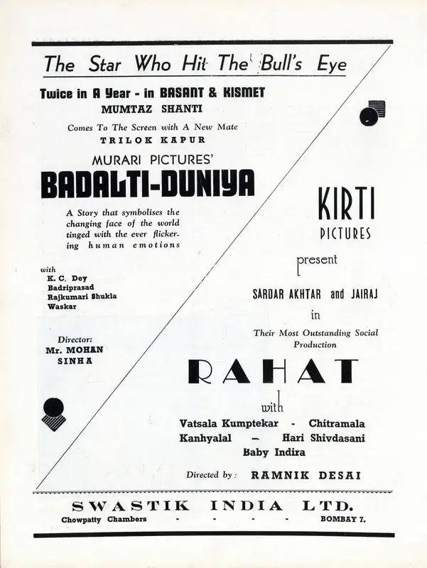 Mohan Sinha (Director), Badalti Duniya, 1943, Advertisement