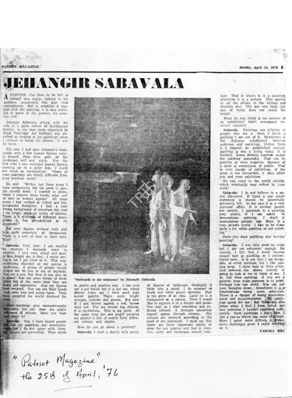 Varsha Das (Editor), Jehangir Sabavala, 1976, Magazine Clipping