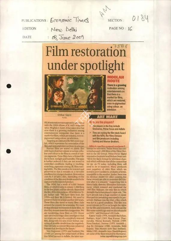 Omkar Sapre (Reporter), Film Restoration Under Spotlight, 2009, Newspaper Clipping