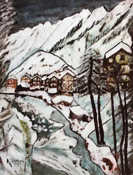 K.K. Hebbar (Artist), Mountain Village In Winter, 1957, Painting
