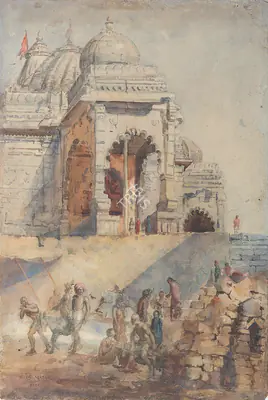 M.V. Dhurandhar (Artist), At Temple, 1898, Painting