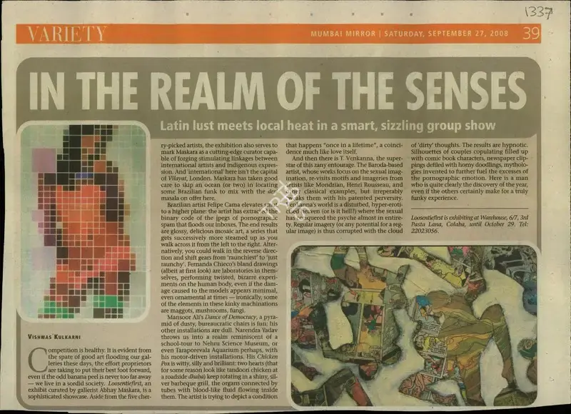 Vishwas Kulkarni (Reporter), In the Realm of the Senses, 2008, Newspaper Clipping