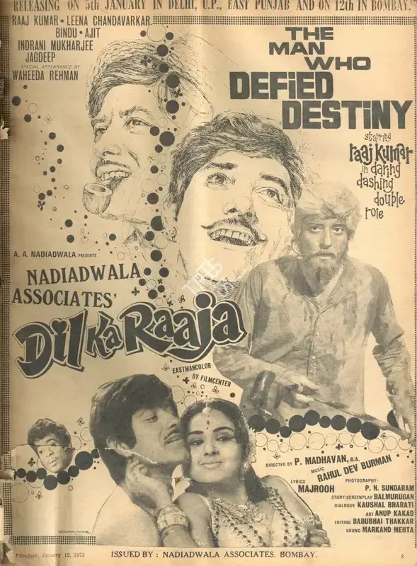 A.A. Nadiadwala (Producer), Dil Ka Raaja, 1972, Advertisement