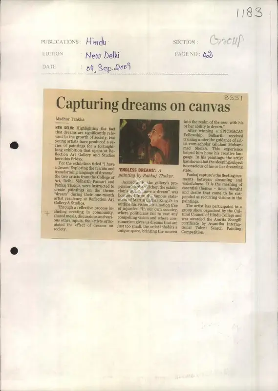 Madhur Tankha (Reporter), Capturing Dreams on Canvas, 2009, Newspaper Clipping